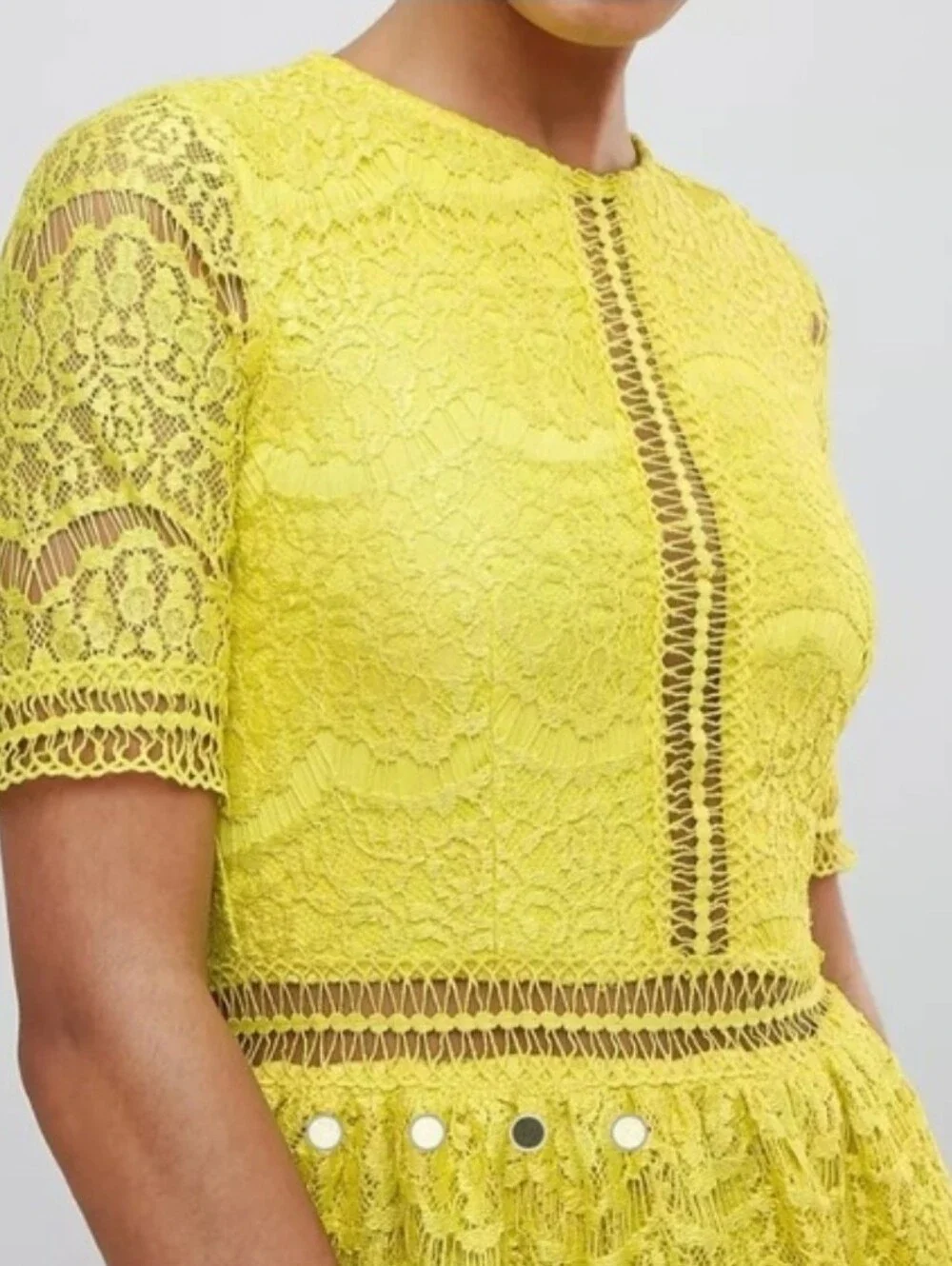 Missguided Chartreuse Lace Fit & Flare Dress Size US 10